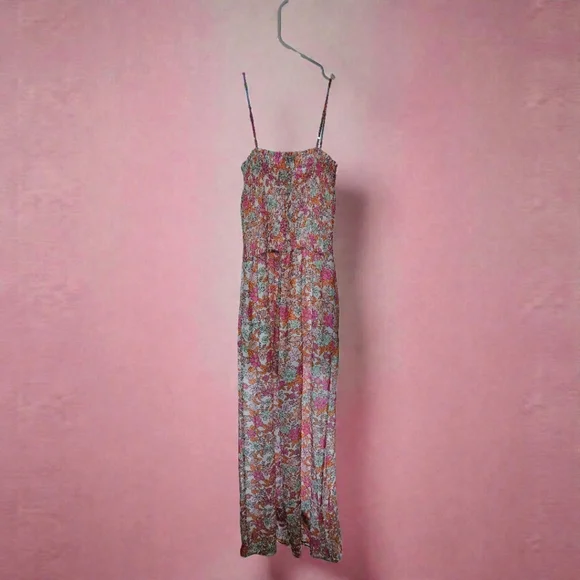 Pink Lily Floral Smocked Wide Leg Jumpsuit S Boho Spring Summer - Picture 2 of 4